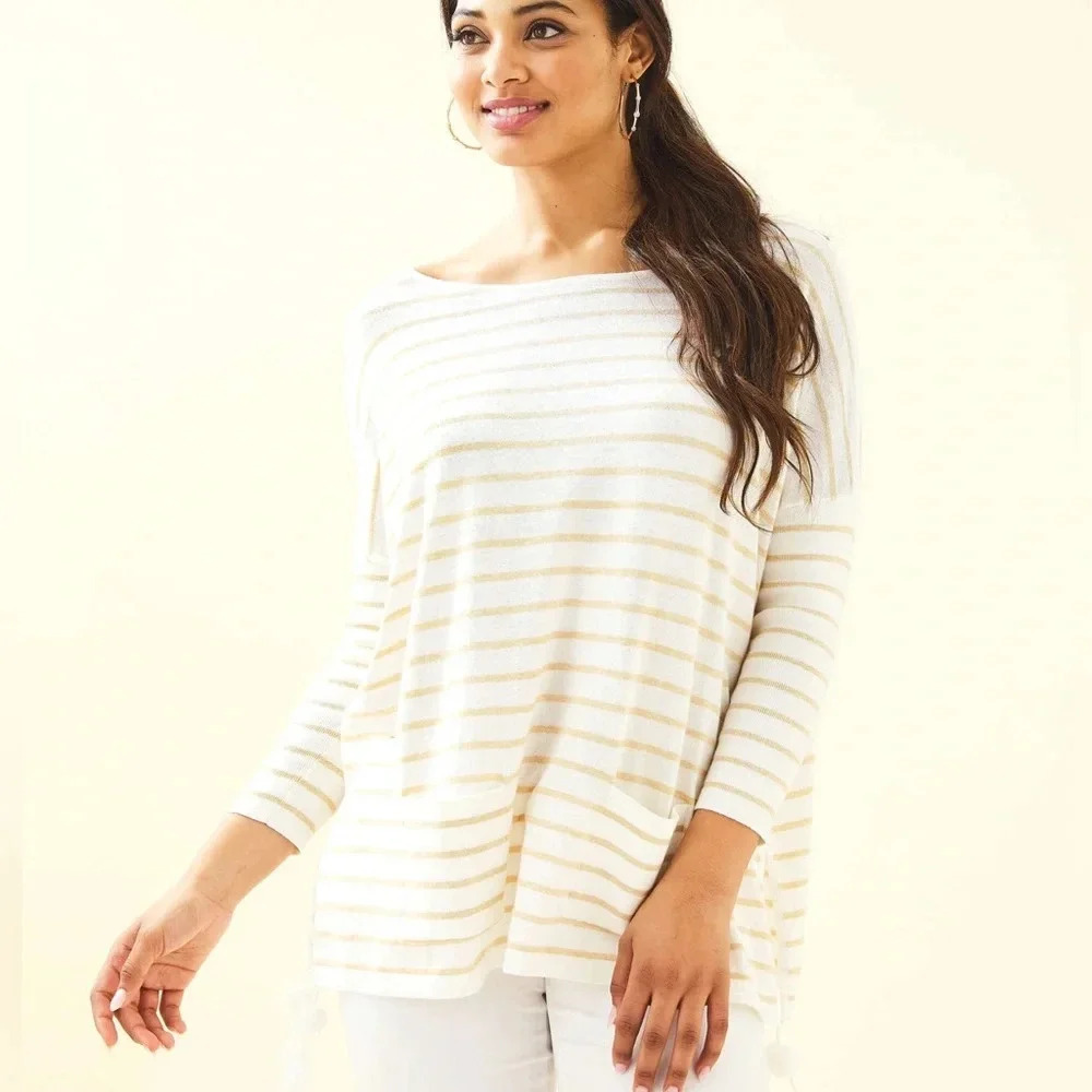 Lilly Pulitzer Striped Elba CoolMax Sweater Tassel Poncho Beige Heather Sz M
